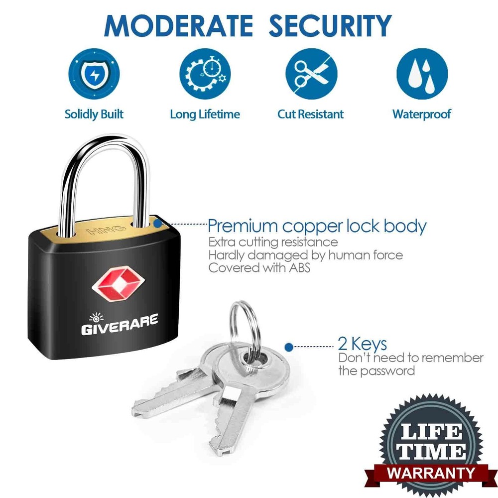 4 Pack TSA Approved Travel Luggage Locks with Keys, Solid Brass Copper Keyed ...