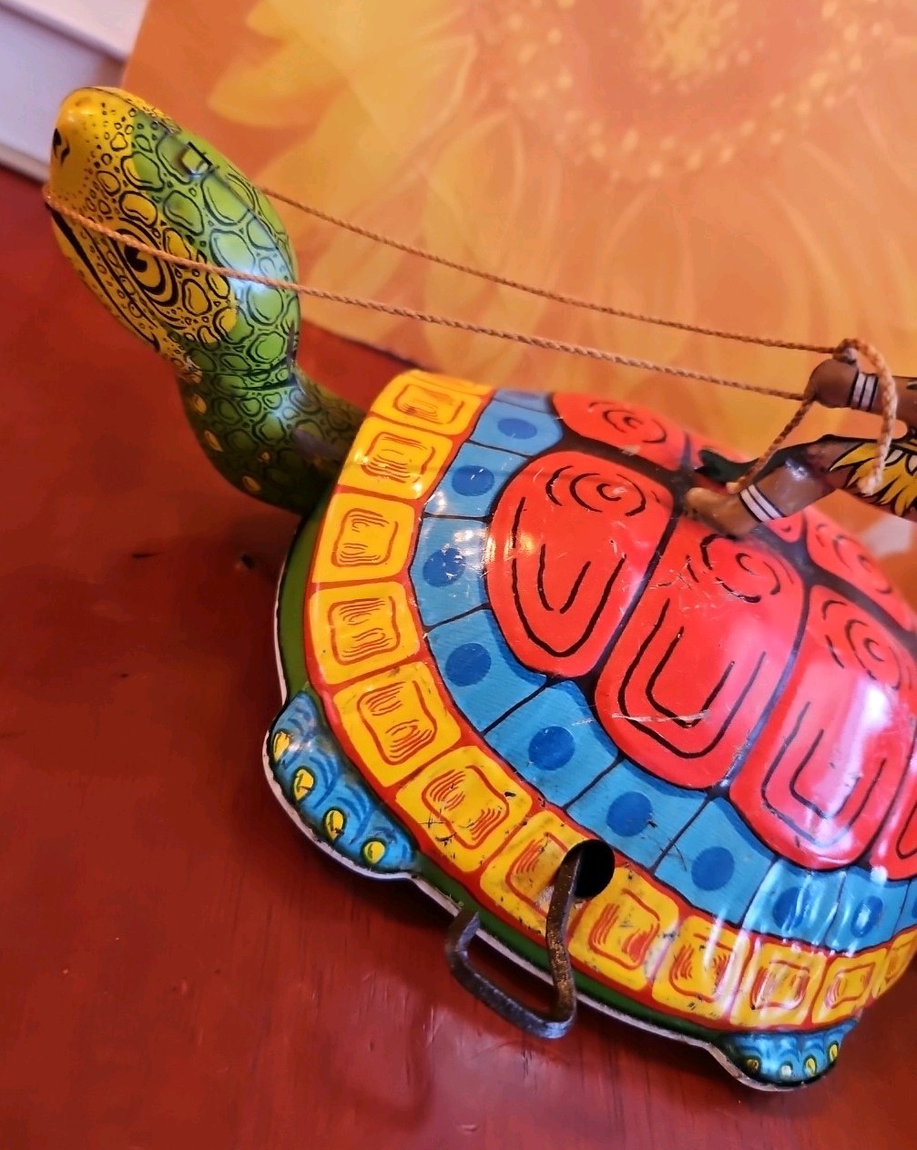 Vintage Antique Tin Toy Wind Up Chein Person Rides Giant Turtle Tortoise Display