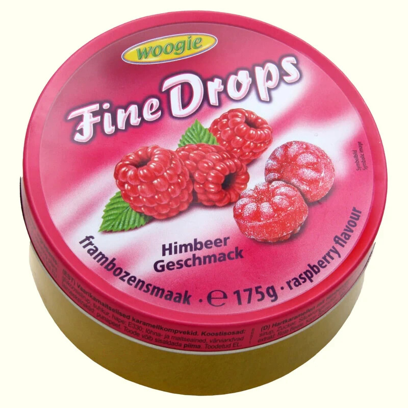 WOOGIE, GERMAN FINE DROPS SANDED Raspberry CANDY Bonbons 7.05OZ/ 200 GR TIN