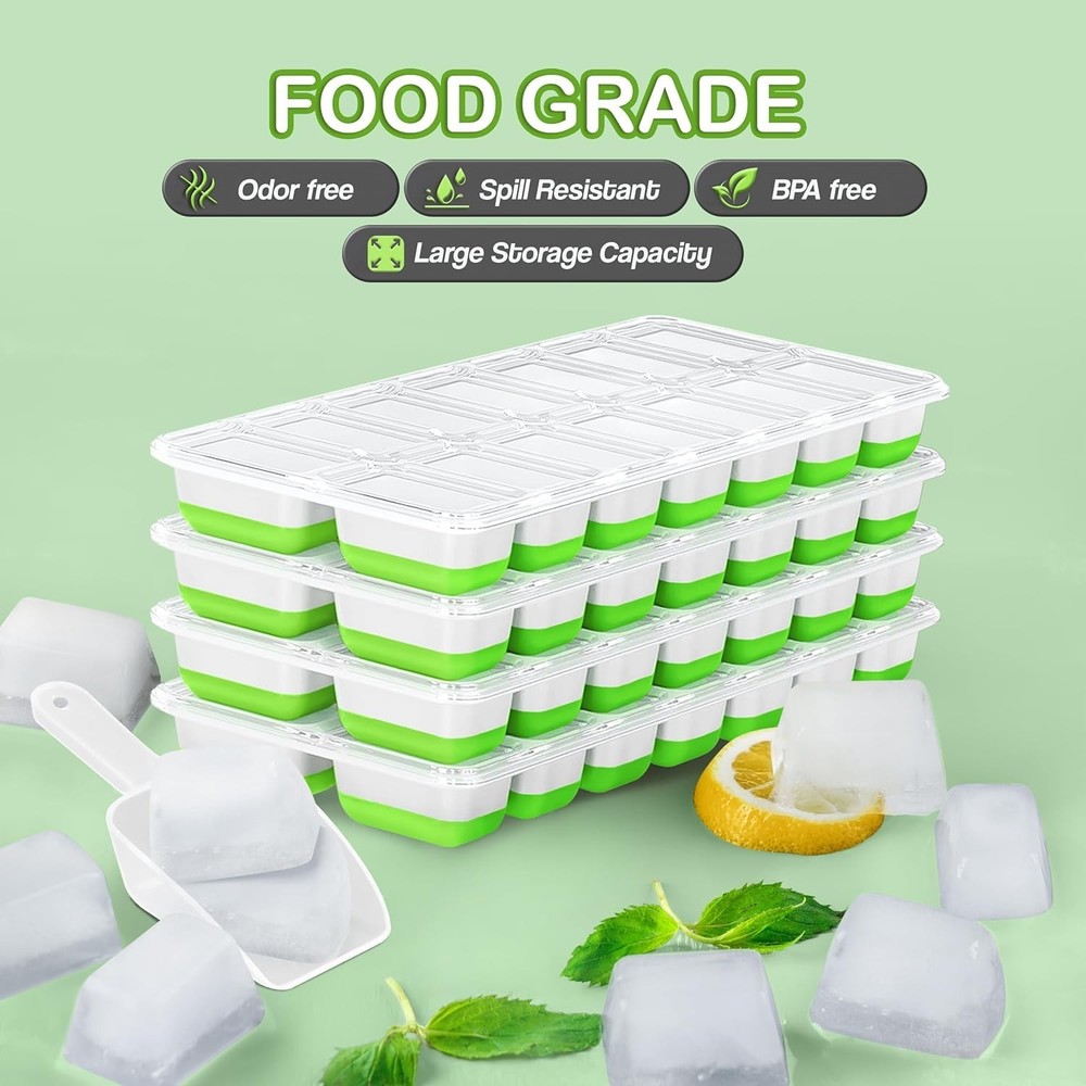 56pcs Ice Cube Tray with Lid and Bin – Stackable 4 Trays Silicone Plastic Fre...