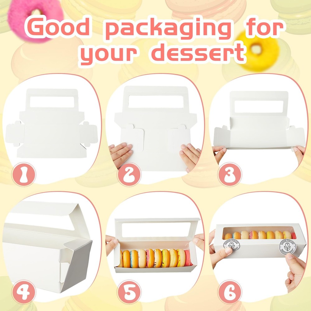 50 Pcs Macaron Boxes with Window, White Bakery Boxes with Stickers, Cookie & ...