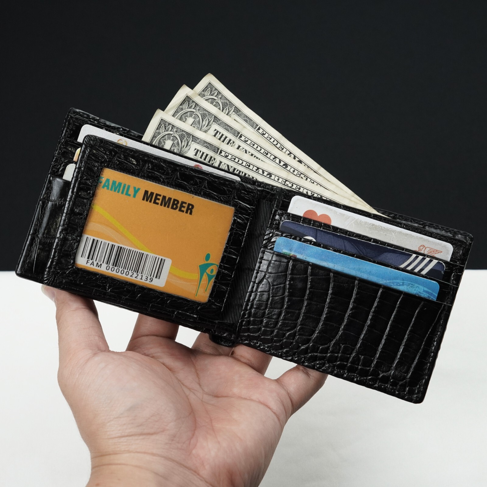 Double Sided Crocodile Black Bifold Leather Wallet Men's Skin Billfold Wallet