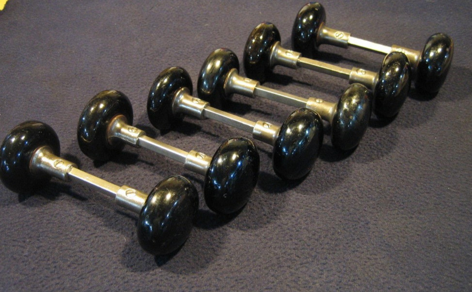 Nice Pair Antique Victorian Jet Black Porcelain Door Knobs 5/8 Shanks - 1890's