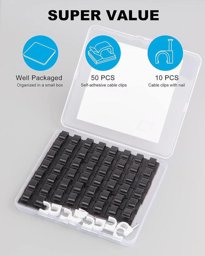 60 PCS Adhesive Cable Clips, Upgraded Wall Wire Clips for Small, Black
