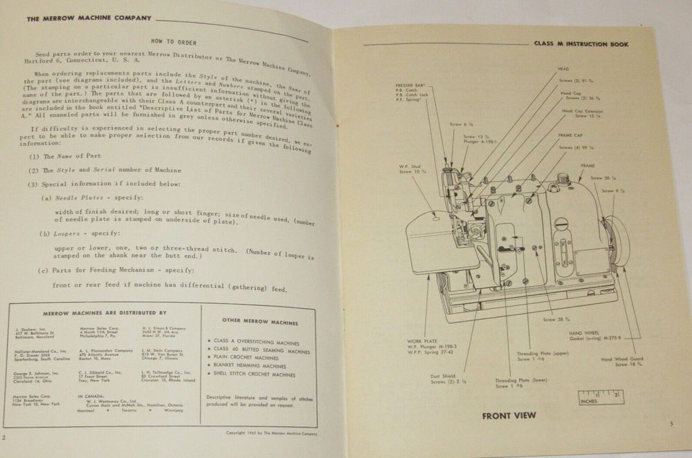 MERROW SEWING MACHINE CLASS M INSTRUCTIONS FOR SETTING UP & OPERATING! MANUAL!