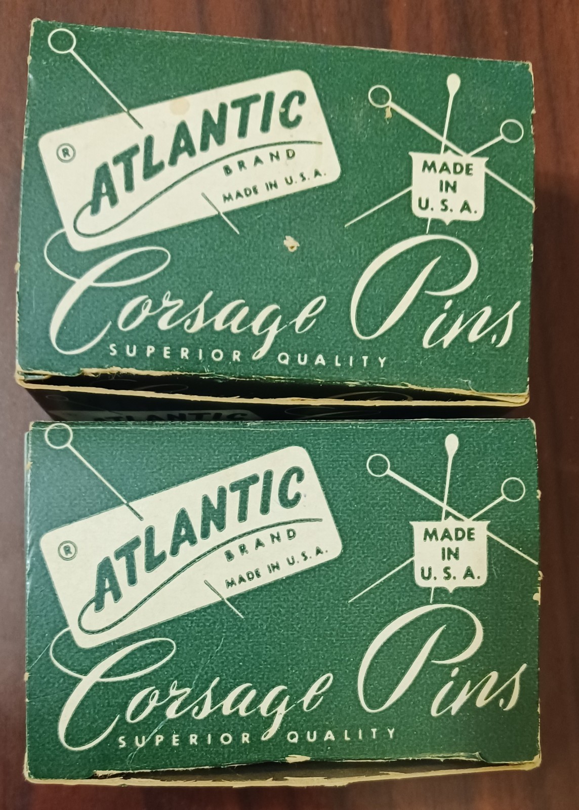 2 Boxes of Vintage Atlantic Brand WHITE PEARL 2" CORSAGE PINS Beaded Box