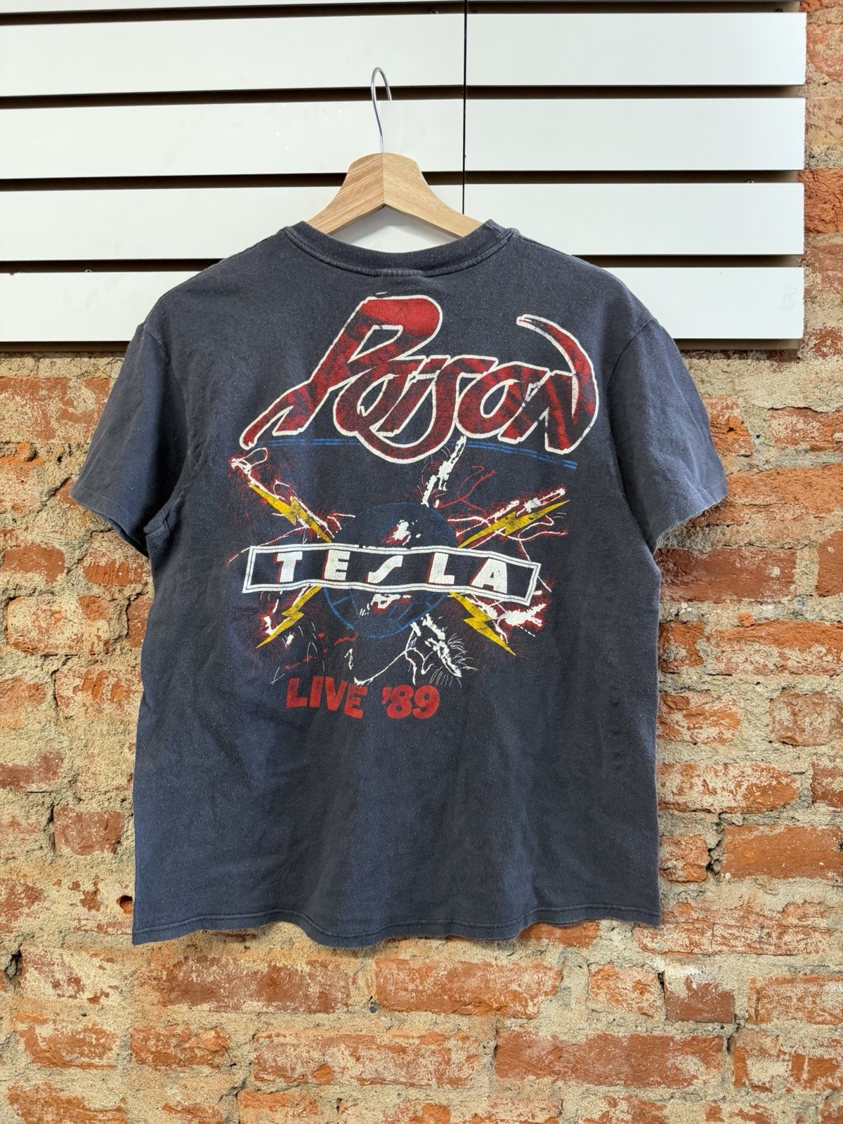 Vintage 1989 Poison Tesla Band Concert Tour Promo Parking Lot T-Shirt Black Sz M