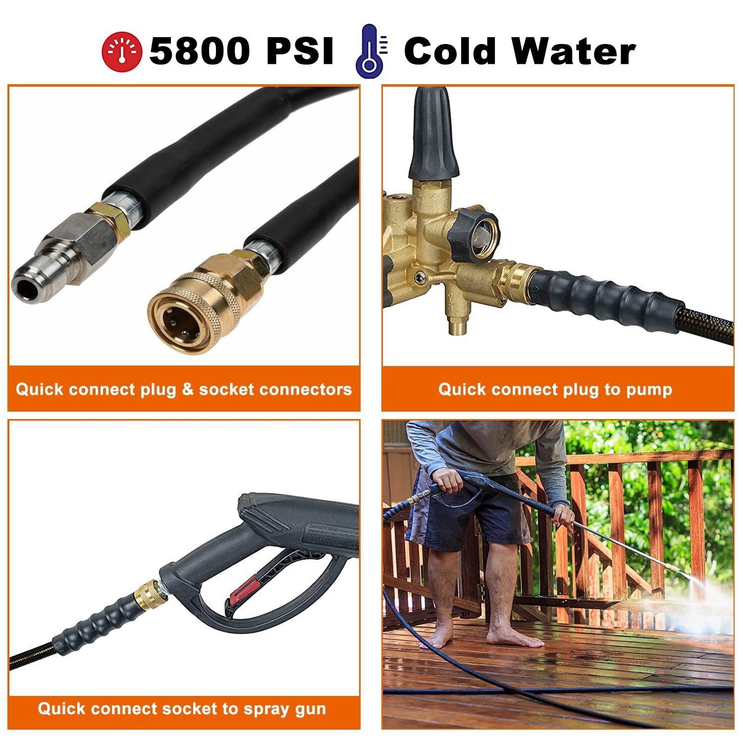 50FT 5800PSI Replacement High Pressure Power Washer Hose -3/8" Quick Connect