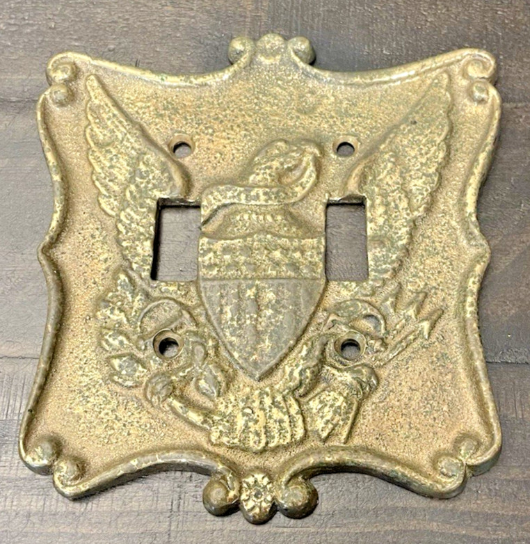 VINTAGE Brass Eagle Double Light Switch Plate Cover Reclaimed