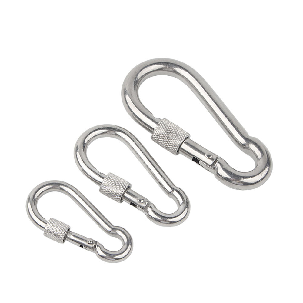Stainless Steel Carabiner Quick Locking Spring Hook Snap Clips Eyelets Rope Lock