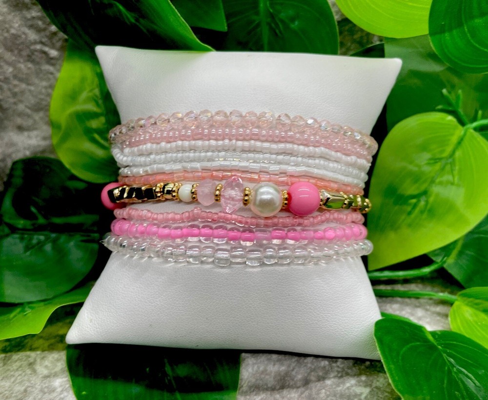 10 PC Handmade Boho Beaded Stackable 7.5” Plus Stretch Bracelet Set New A4902