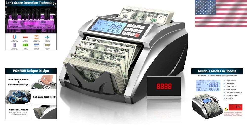 Money Counter Machine with 3.7" LCD & Advanced Counterfeit Detection