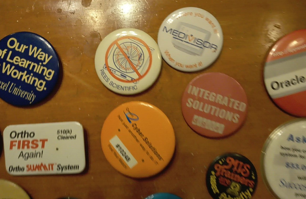 Vintage Early Computer Buttons Pins, Computer Tech Shows Lot