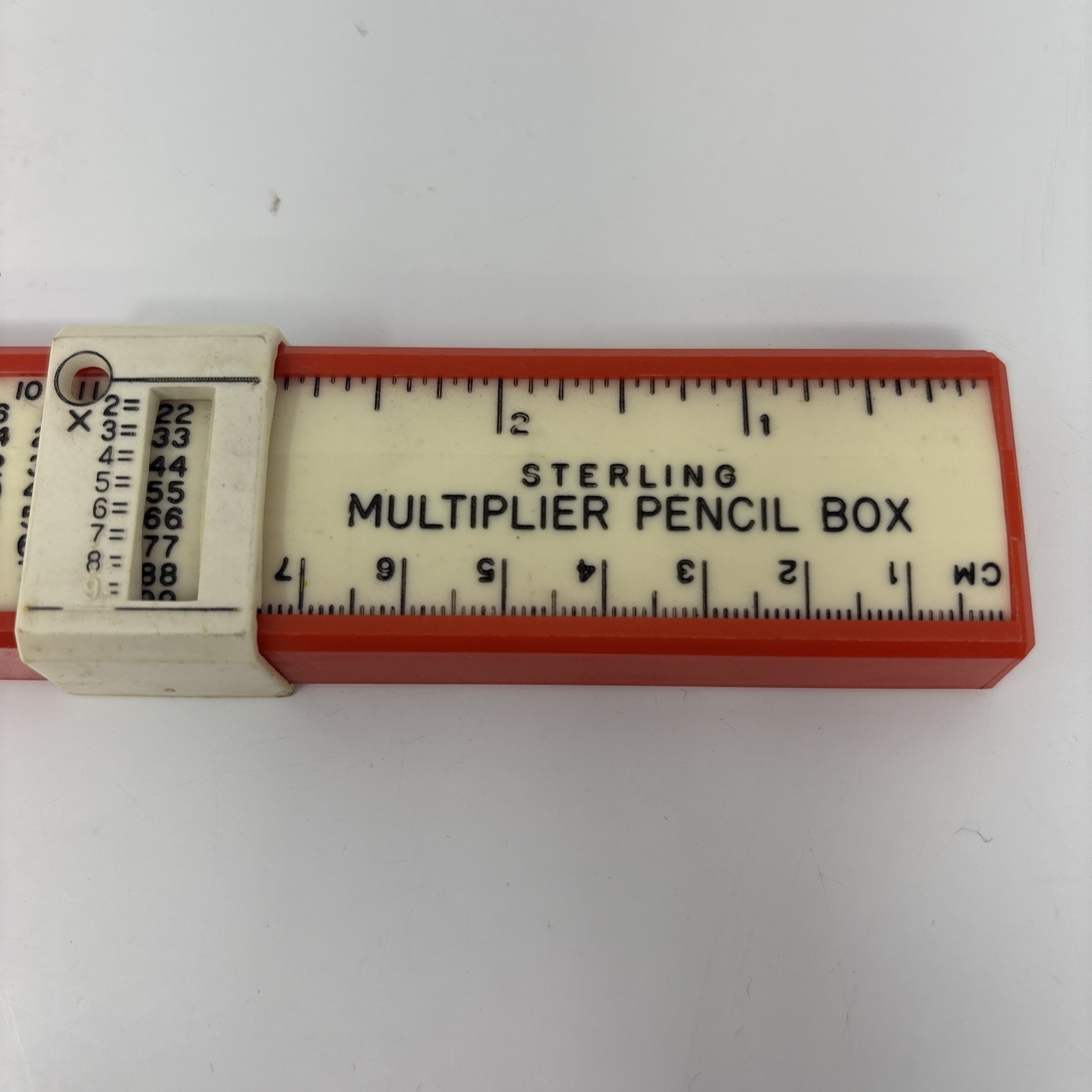 Vintage Sterling Multiplier Pencil Box, Sharpener & Ruler, Red And White 7 5/8"