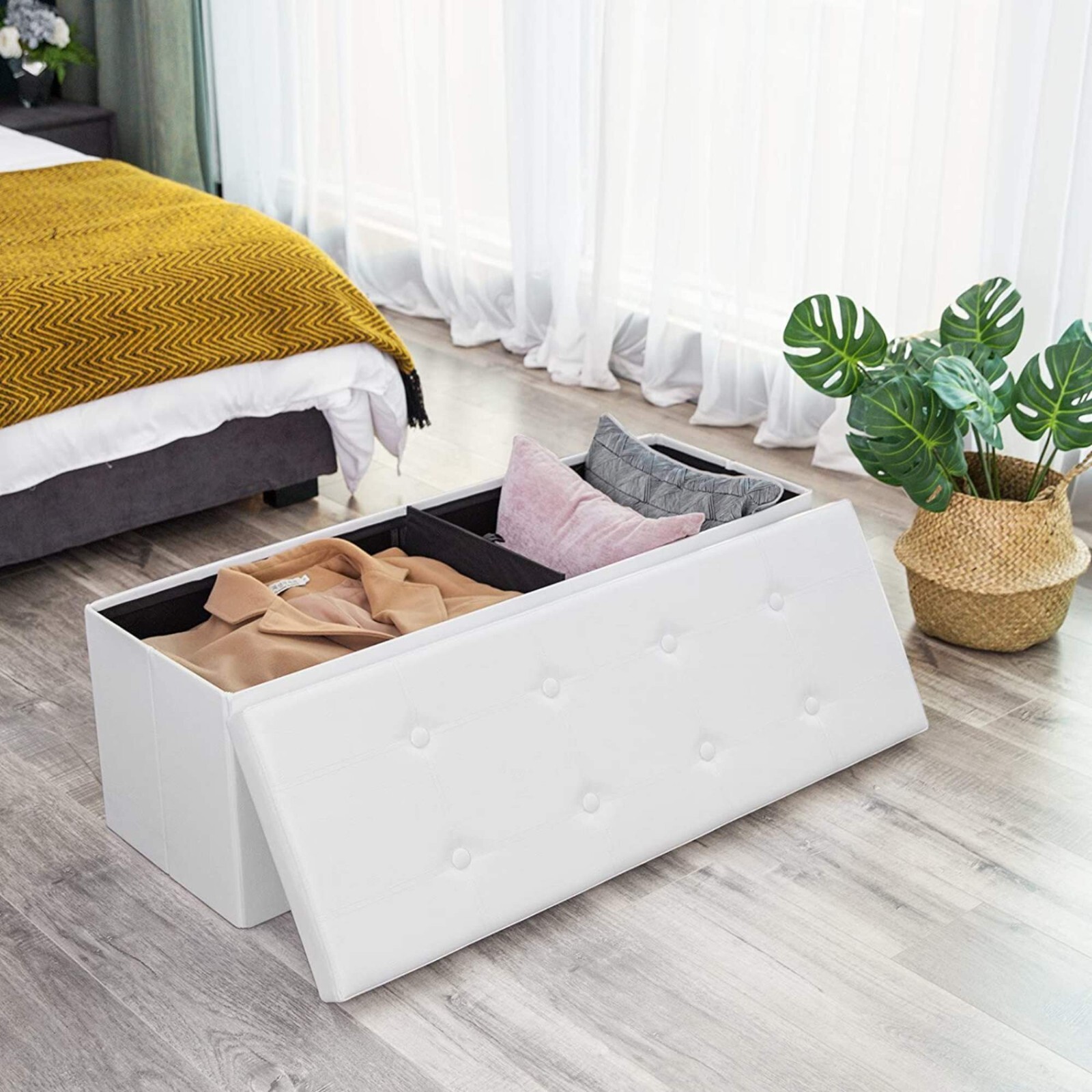 Faux Leather Folding Storage Ottoman Bench 43 inch - White
