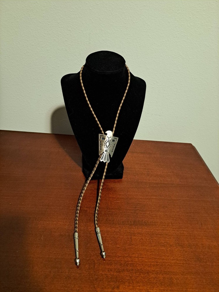 Leather 35" Bolo Tie Nickel Silver Bell Thunderbird