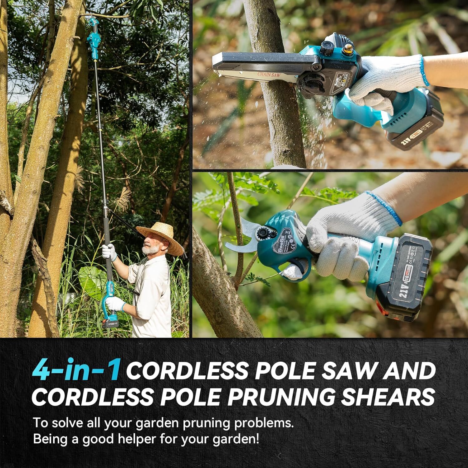 4-in-1 Cordless Pole Saw Chain Saw Pruning Shears Combo Kit 16ft Reach 2*4000mAh