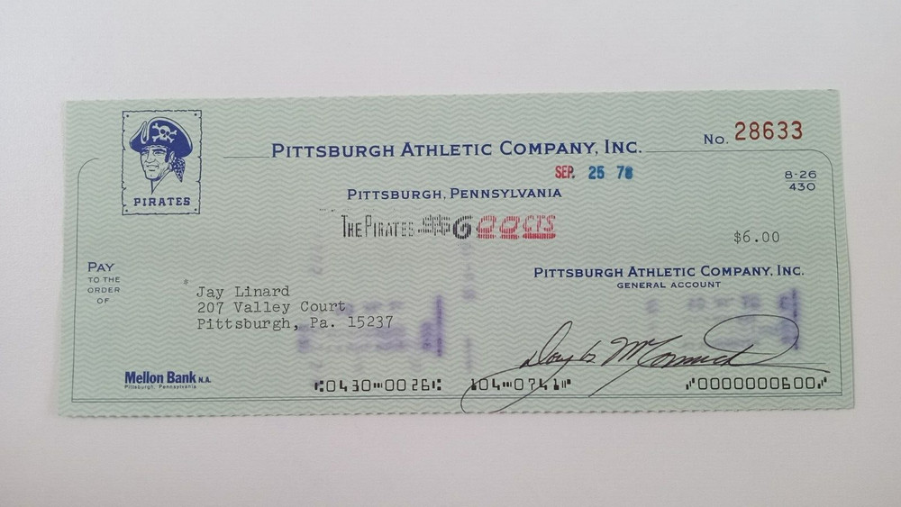 Jay Linard: 1978 Pittsburgh Pirates Expense Check