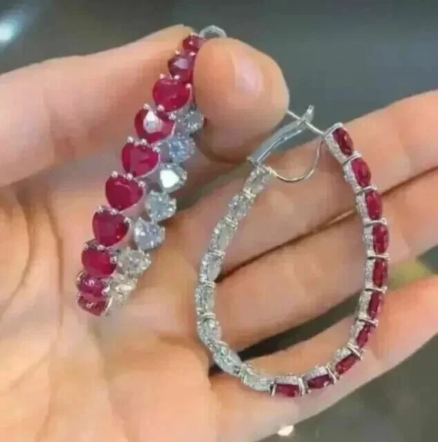 3Ct Heart Cut Lab Created Red Ruby Drop & Dangle Earring 14K White Gold Plated