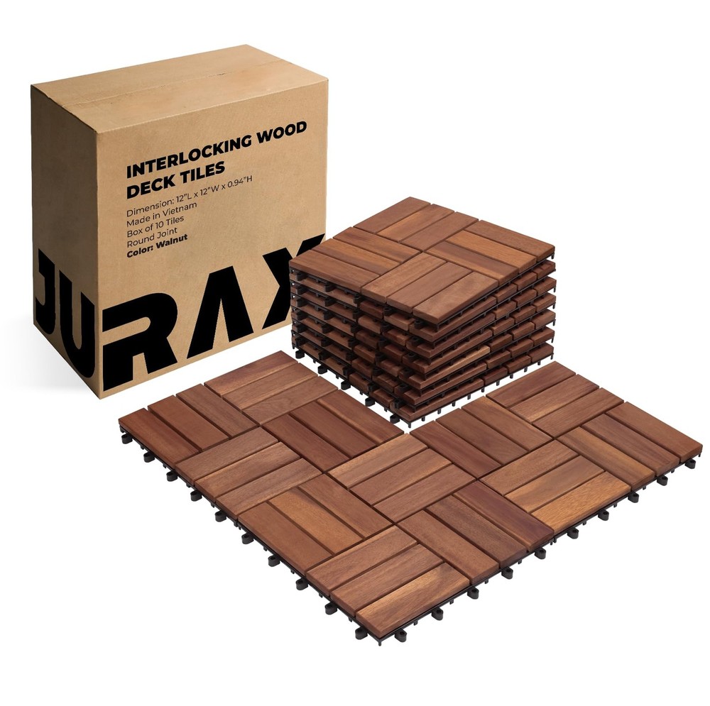 Premium Solid Wood Interlocking Deck Tiles, 10 PCs 12”x12” Snap Together Pati...