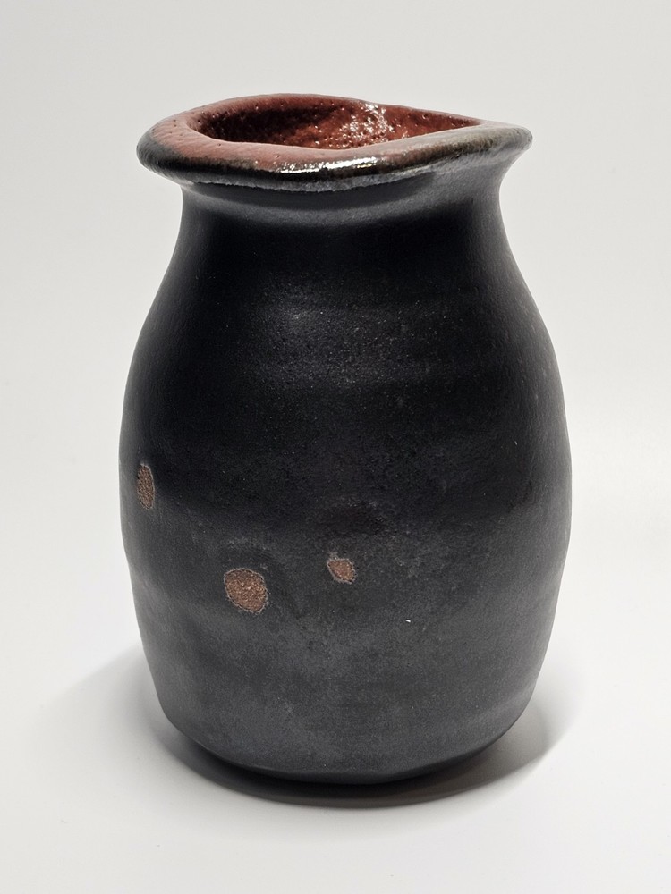 Black Ceramic Vase Brown Inside Glazed Inside & Top Signed About 4.5" High