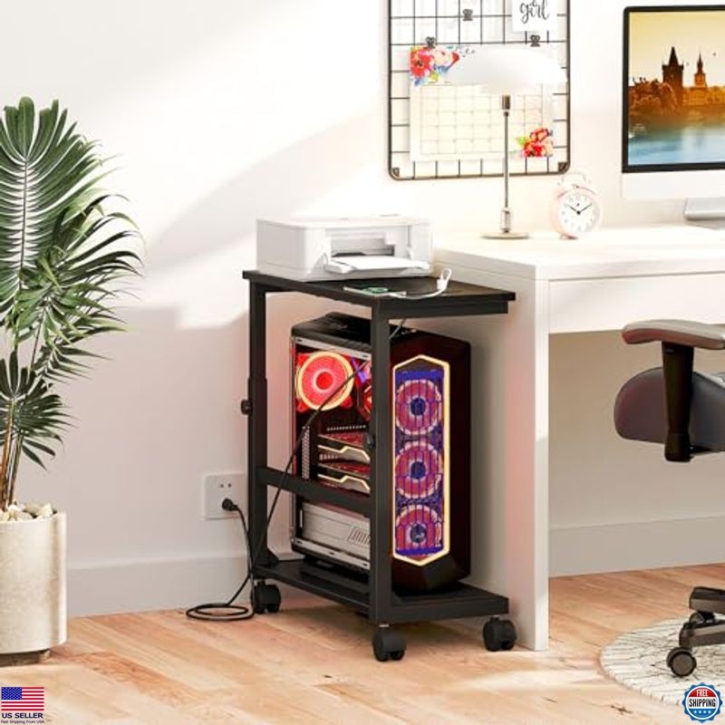 Snughome Height Adjustable Computer Tower Stand with Charging Station on Wheels