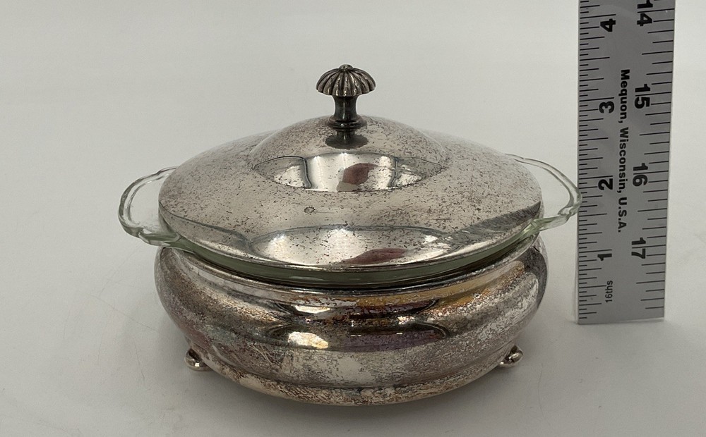 Vintage Sheffield Silver Co. Plate Lid Serving Dish W/ Pyrex Glass Bowl Insert