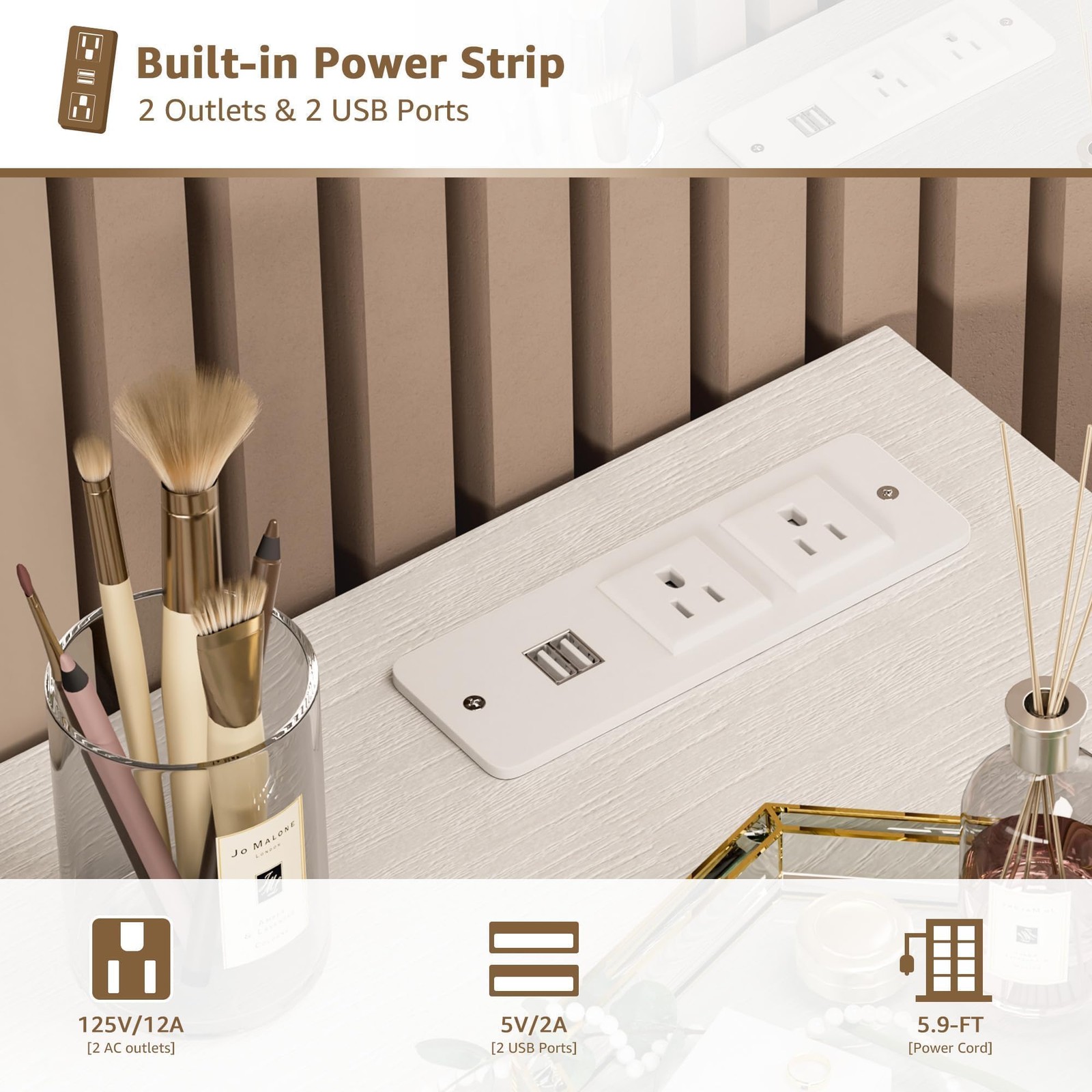 40" Tocador Blanco Dorado Mesa De Maquillaje Con Silla Espejo y Luces Para Mujer