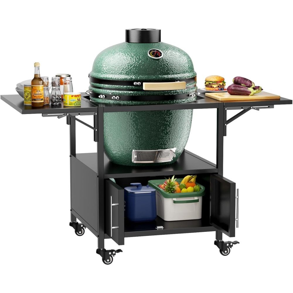 Outdoor Grill Table for Big Green Egg BBQ Metal Grill Cart 2 Folding Panels