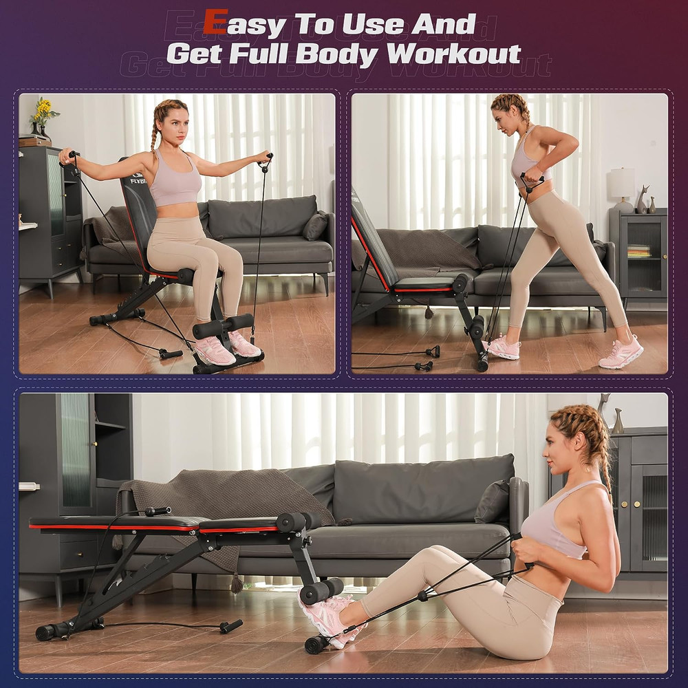 FLYBIRD Foldable Weight Bench with Resistance Bands, 8 Backrests Fast Adjustable