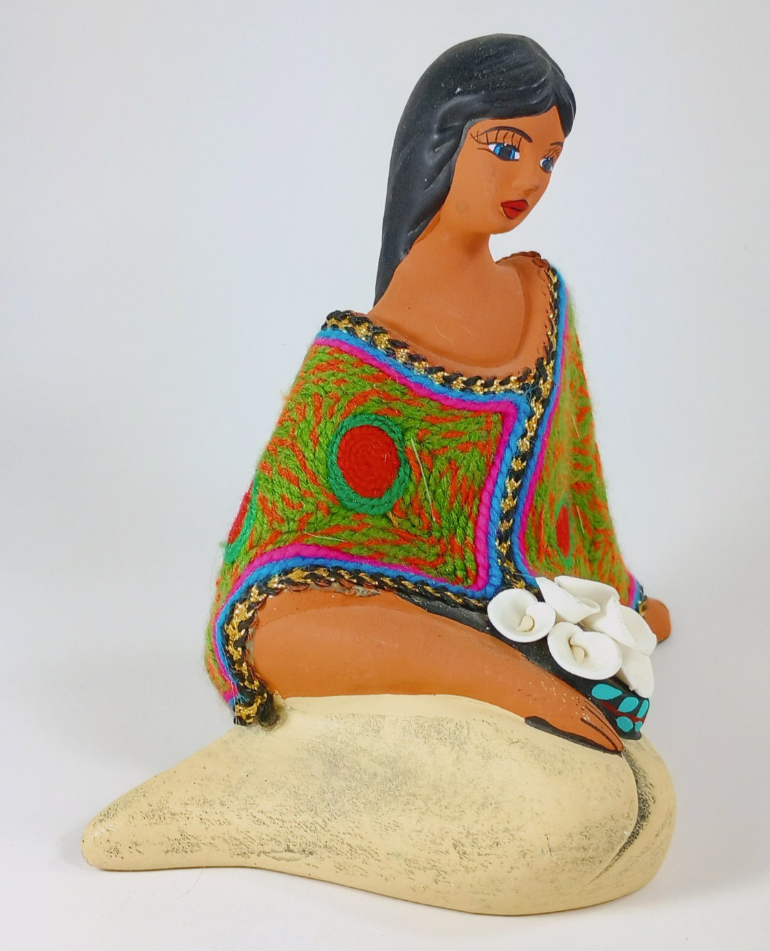 Clay Folk Art Honduran Lady Sitting with Flowers.