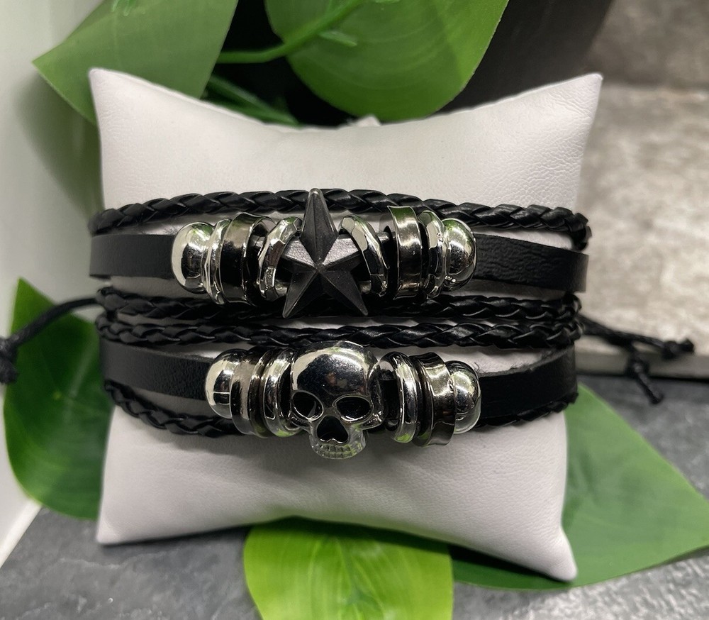 2 PC Leather Bracelet Stackable Adjustable Tie Free Ship Star Skull B3288