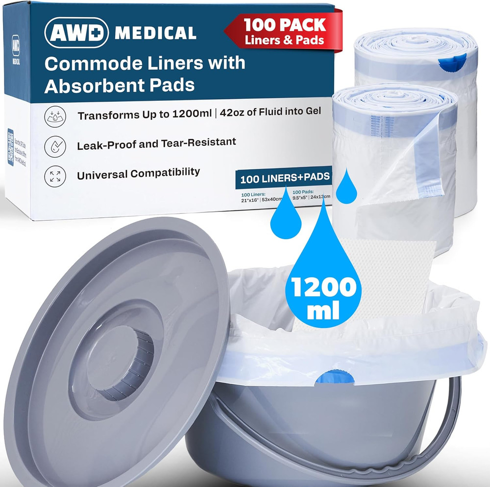100 PACK - Commode Liners with Absorbent Pads - Adults Commode Bag Compatible wi