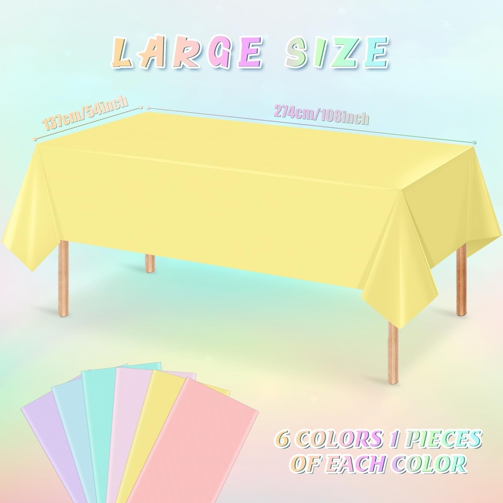 6Pcs Pastel Tablecloths, Rainbow Mix Color Plastic Tablecloth Disposable Rect...