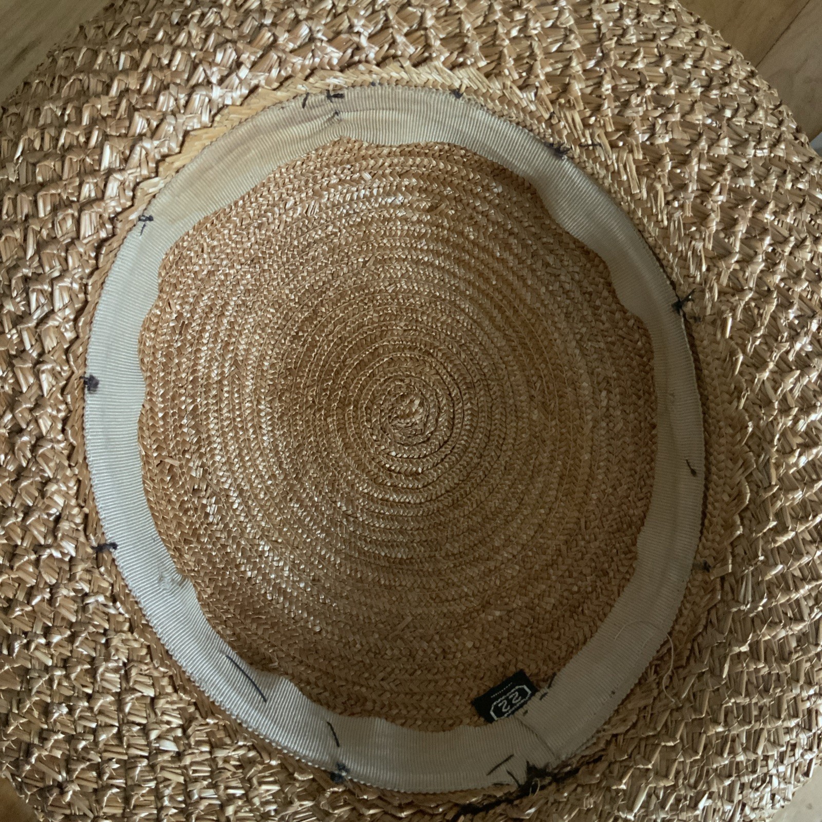 STRAW BOATER SKIMMER HAT BROWN RIBBON BOW VINTAGE WOMENS SIZE 22 ROLLED BRIM