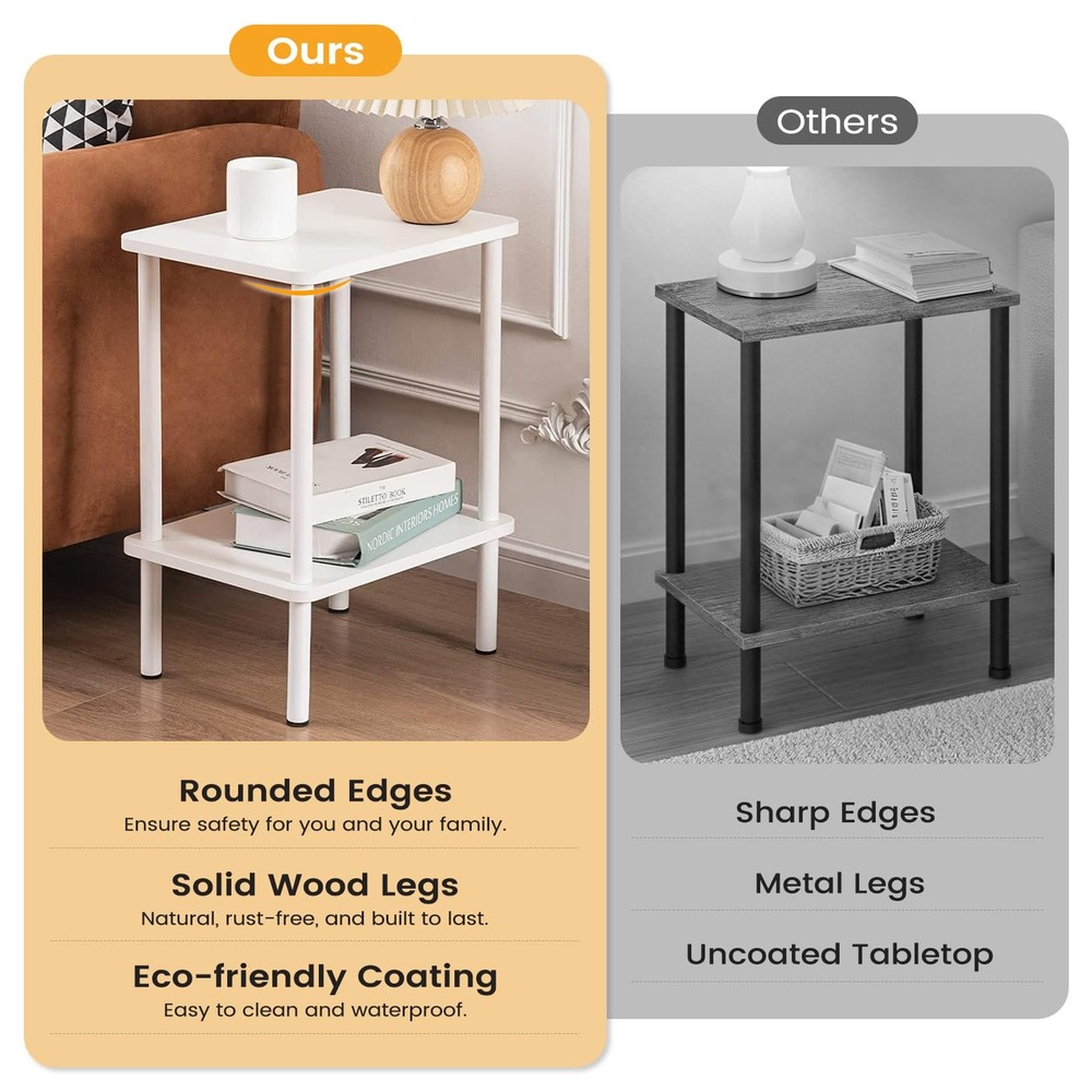 2 Tier End Table, Small Side Table with Solid Wood Legs, Boho Bedside Table w...