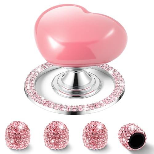 Push Start Button Cover, Ceramic Heart Button, Bling Crystal Ring, 4-Pack Pink
