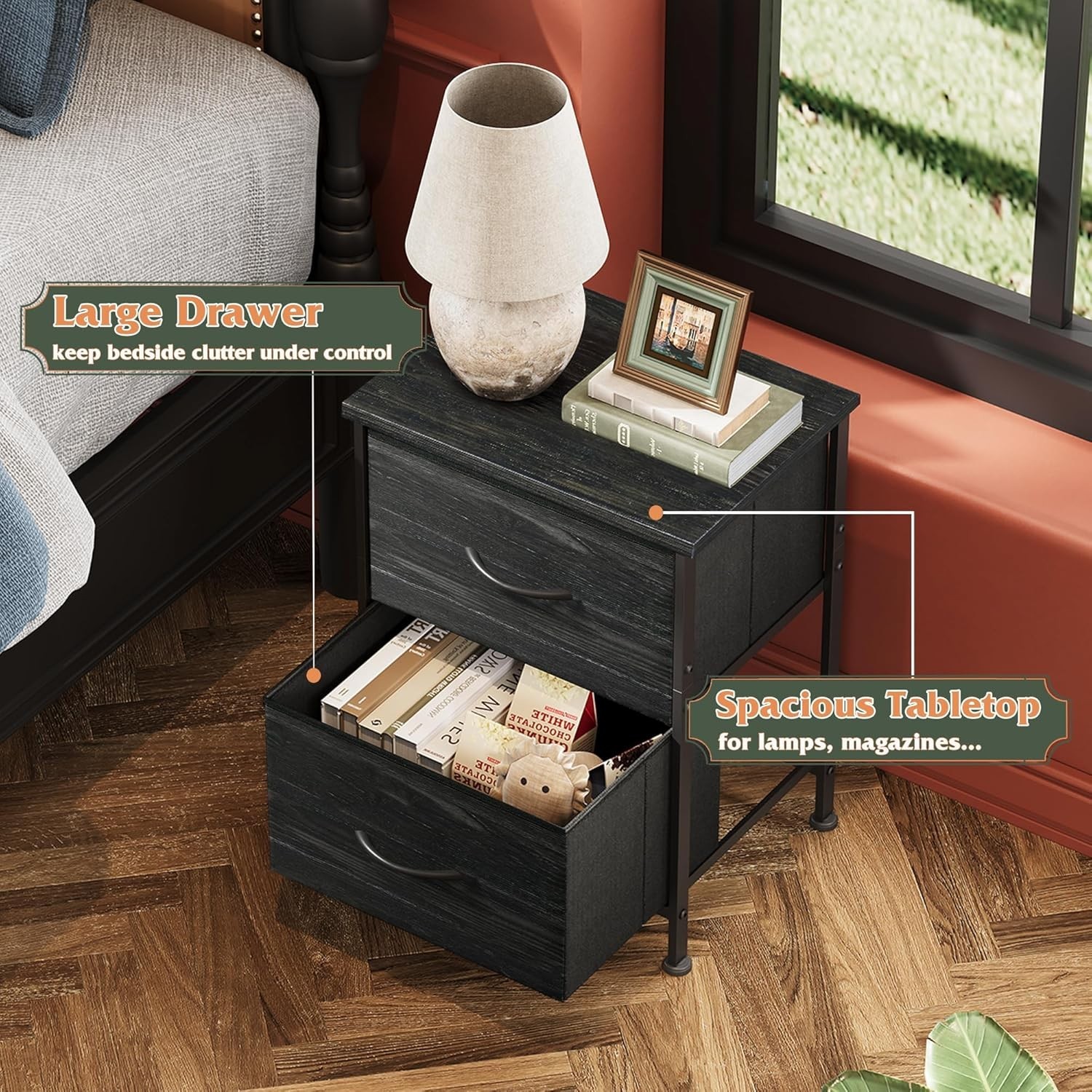 Night Stand, Small Dresser with Drawers, Dresser for Bedroom with 2 Fabric Dr...