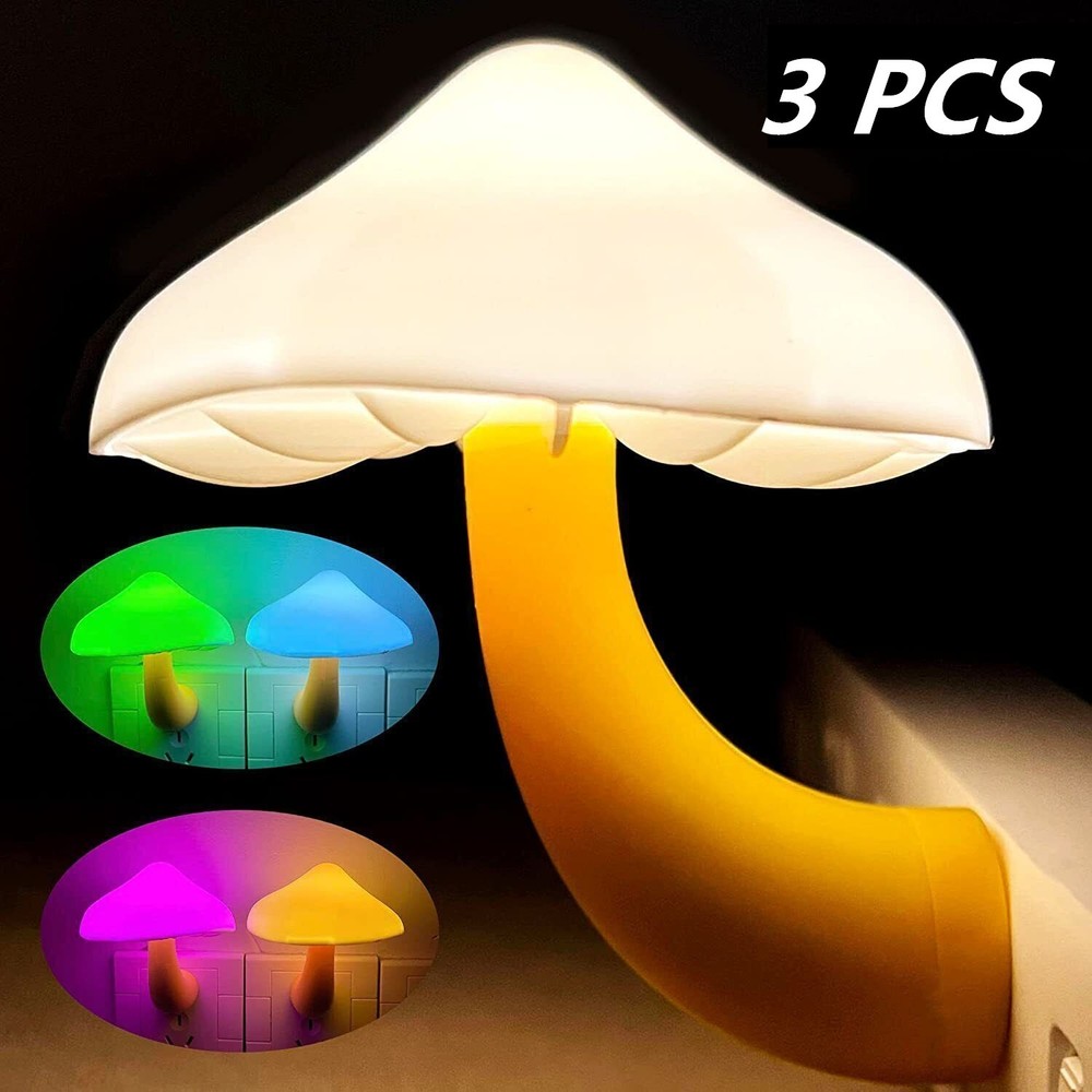 3Pack LED Night Lights Mushroom Gradient Light Sensor Plug-in Wall Lamps Decor