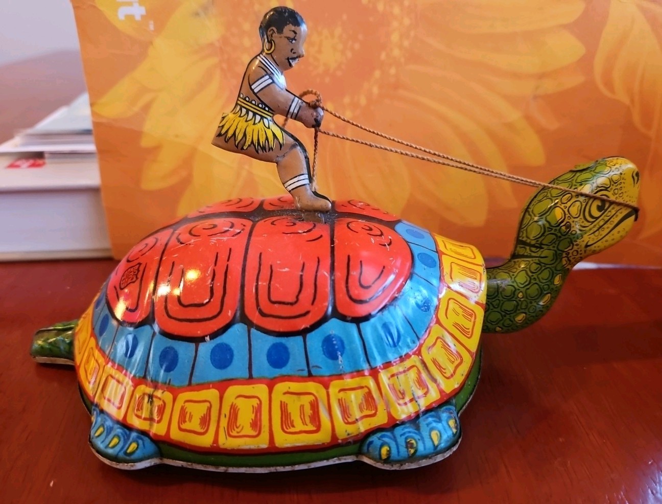 Vintage Antique Tin Toy Wind Up Chein Person Rides Giant Turtle Tortoise Display