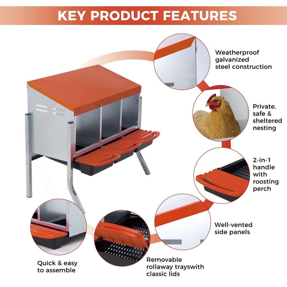 Chicken Nesting Box 3-Compartment Chicken Egg Laying Box with Bracket Legs