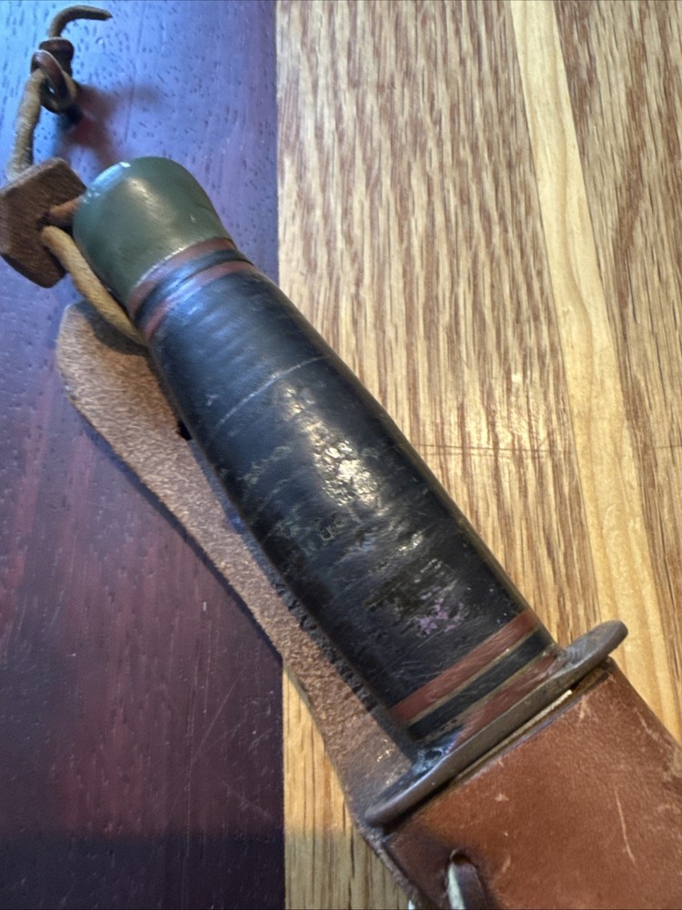 Vintage Marbles Gladstone MI Fixed Blade Knife Leather Stacked Handle