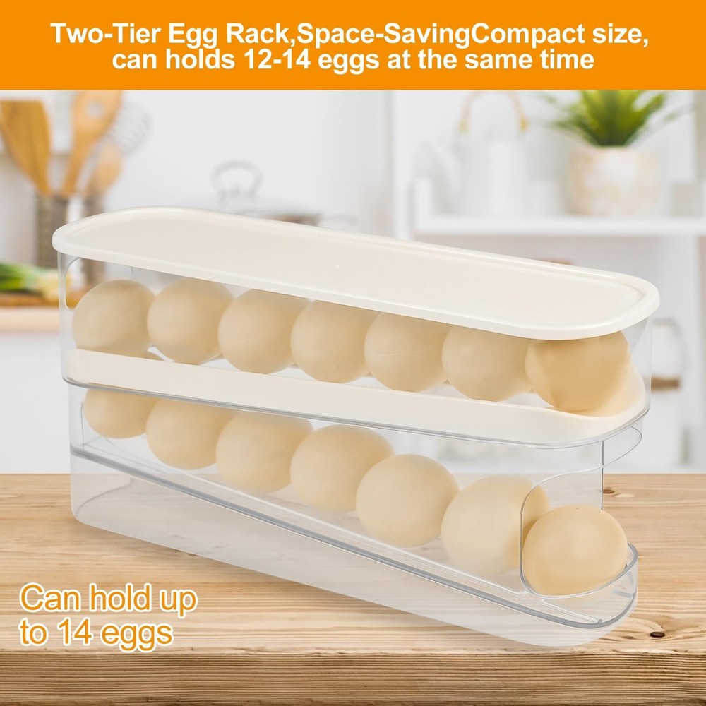 Automatic Roll Down Egg Dispenser for Refrigerator Organizer with Lid, 12-Cou...
