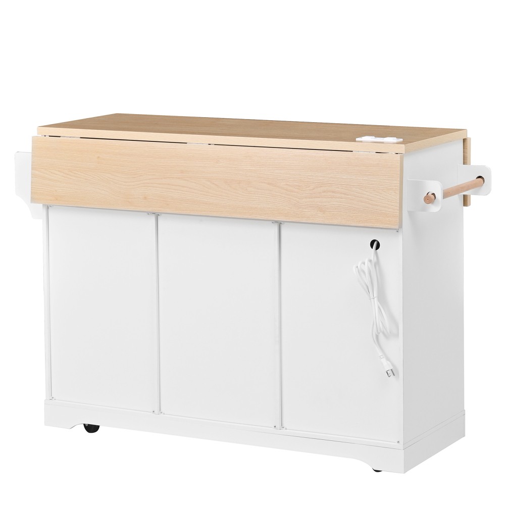 Kitchen Island w/ Power Outlet Wheels, Extendable Dining Table Storage White