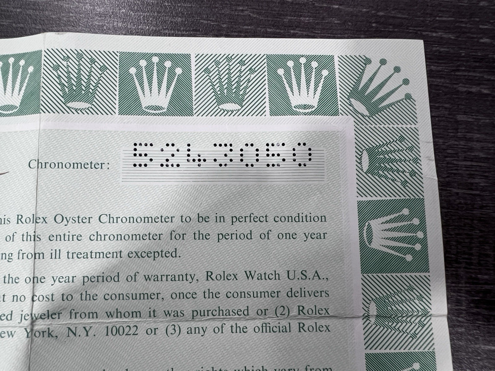 Rolex Official Watermark Certification Guarantee Blank 570.03.300 Warranty 1970s