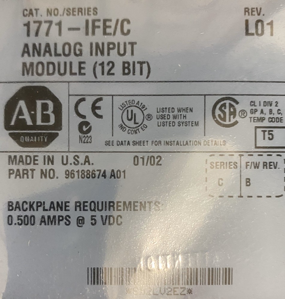 Allen Bradley 1771-IFE/C Rev:L01 Analog Input Module