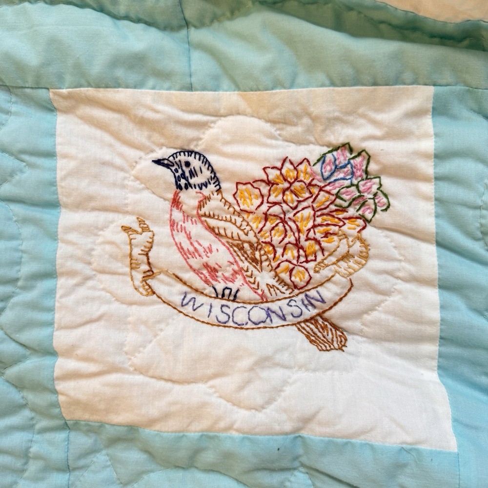 Vintage Handmade State Bird Quilt Blue White Embroidered Patchwork