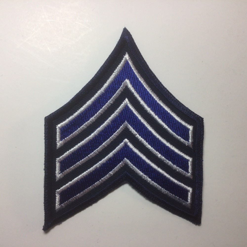 (2) Sergeant Chevron - 3" Wide - 3 White/Royal Stripes on Dk Navy (Navy Border)