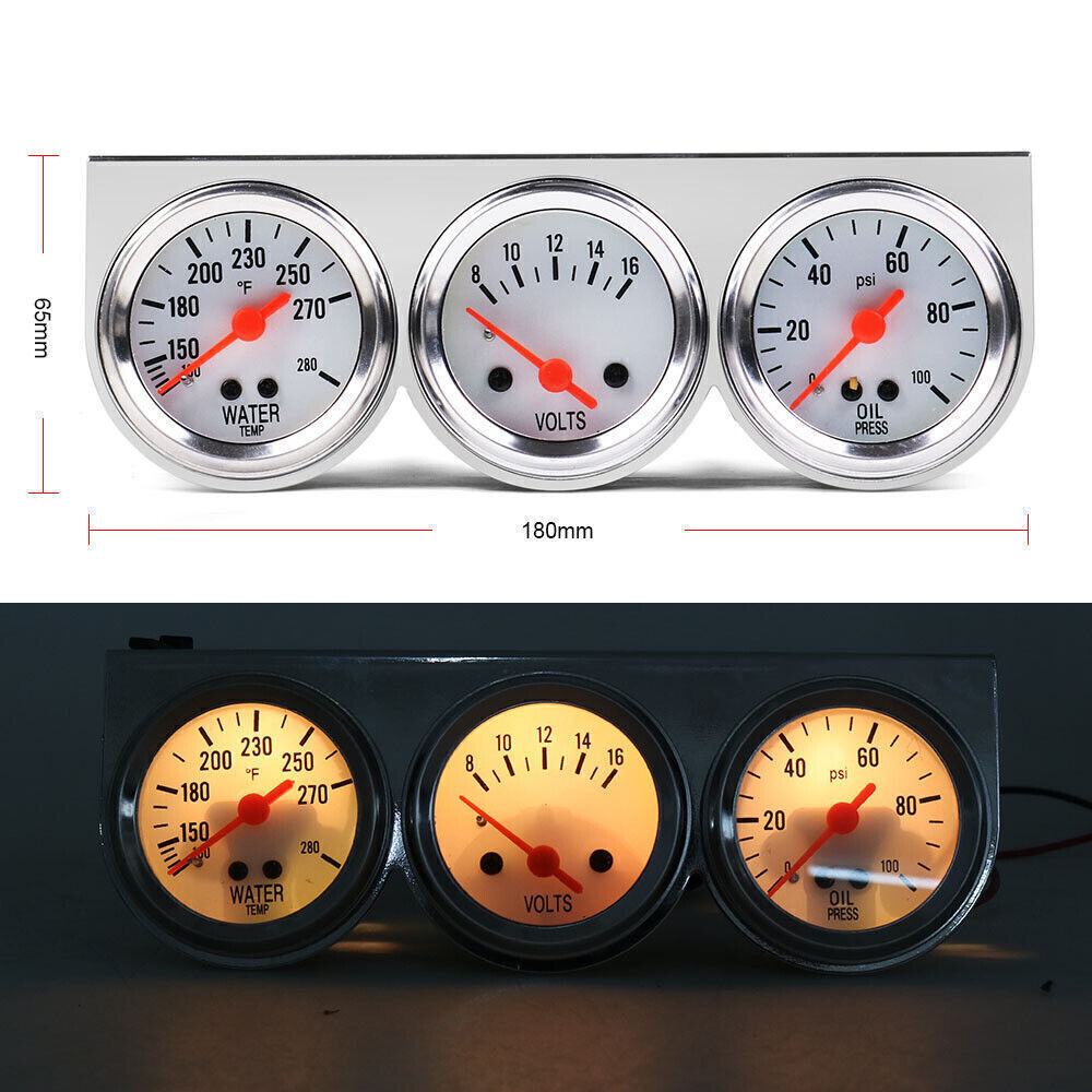 3-in-1 2" 52mm Chrome Car Triple Gauge Set Water Temp Oil Pressure Volt Meter