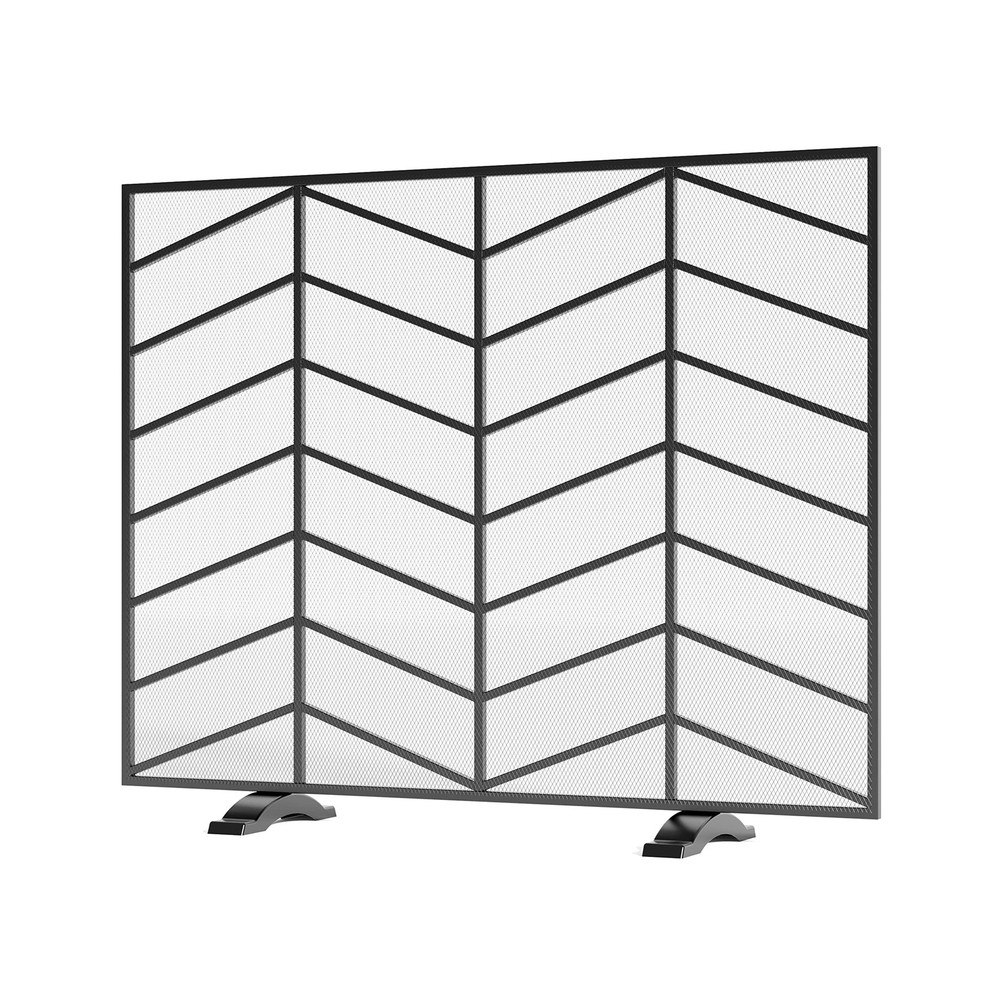 Single Panel Handcrafted Wrought Iron Mesh Chevron Fireplace Screen, Fire Spa...